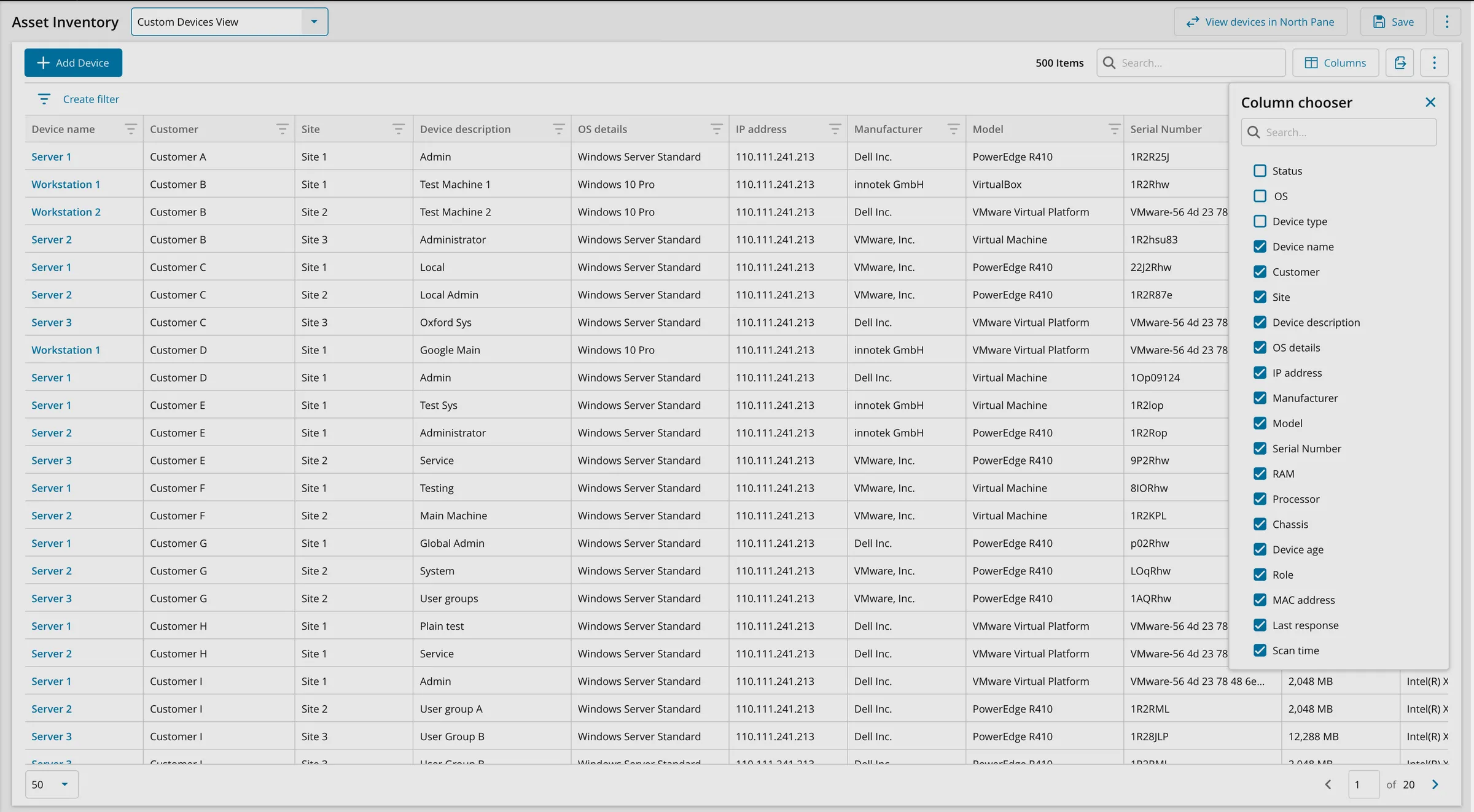 The modernized Asset Inventory: a custom devices view with a column chooser panel open on the right.