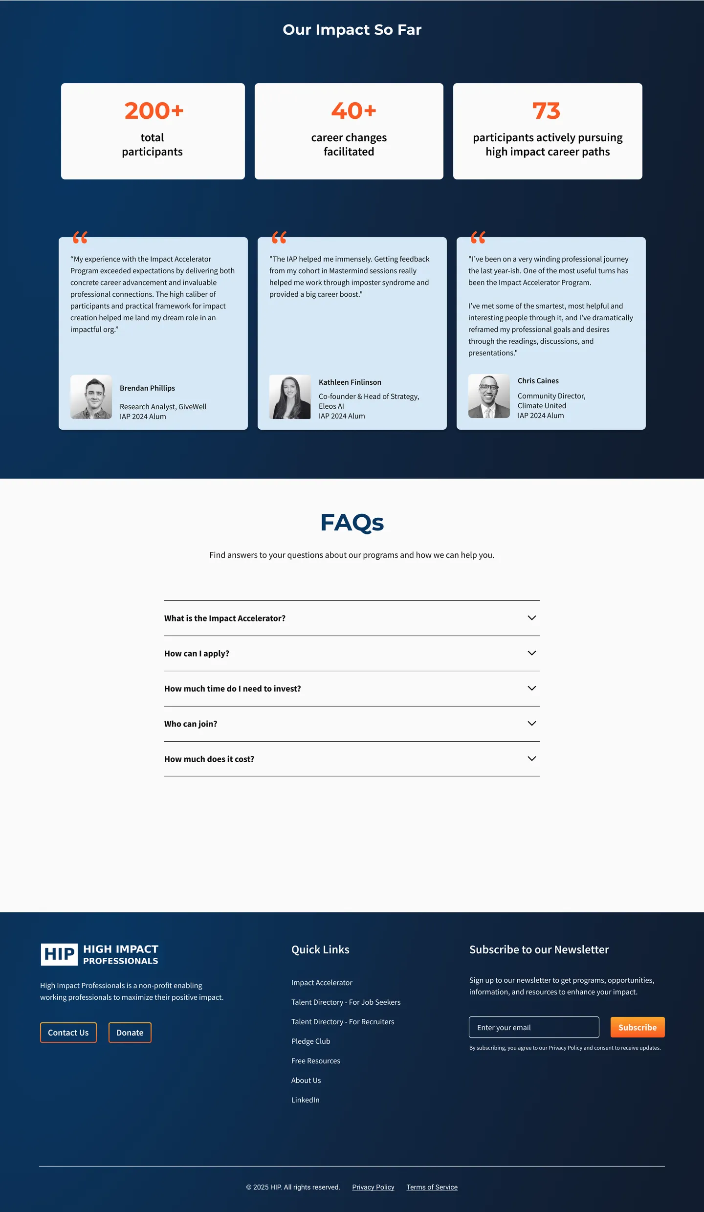 Finished homepage, lower third: impact numbers, testimonials and FAQs.