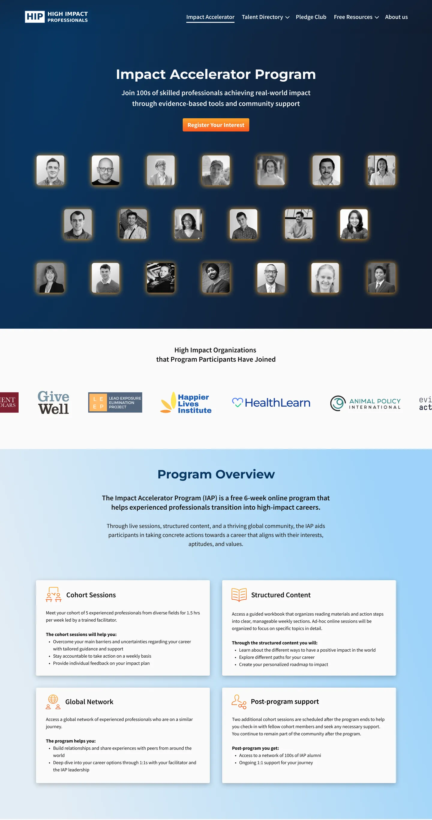 Impact Accelerator page: hero, the organizations alumni have joined, and the program overview.