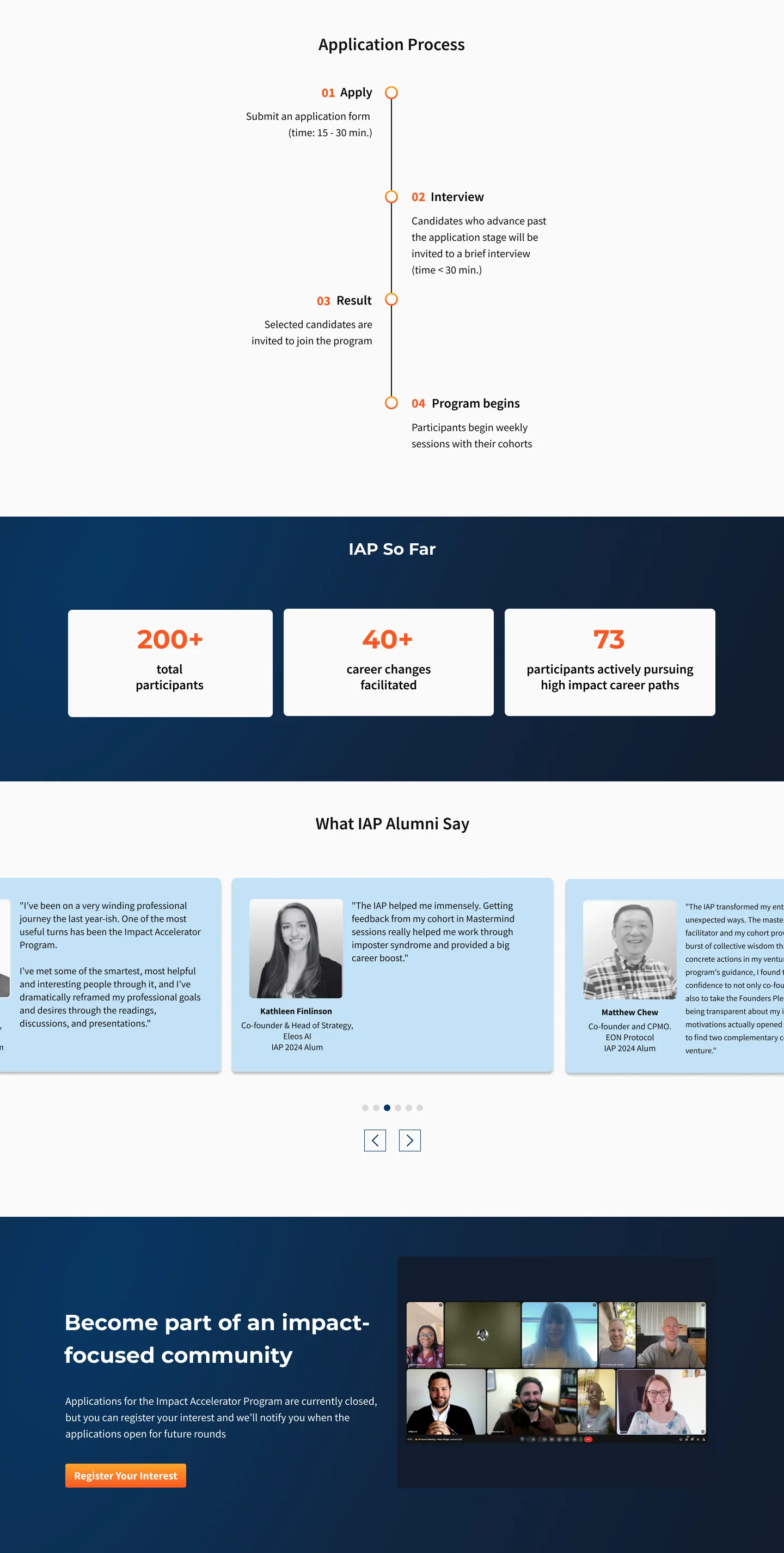 Impact Accelerator page: application process, impact numbers, alumni testimonials and the community section.