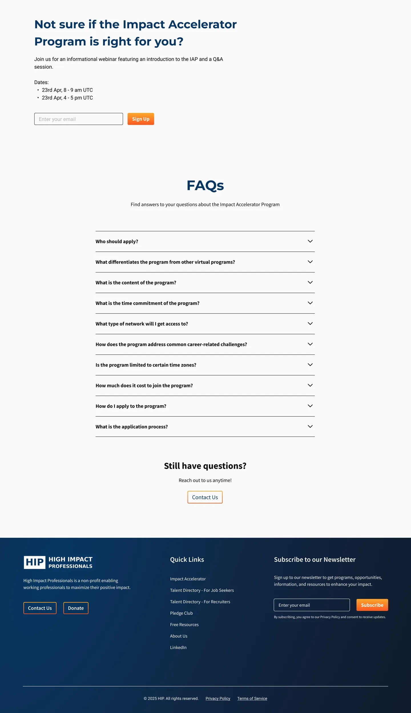 Impact Accelerator page: the off-cycle webinar prompt, FAQs and footer.