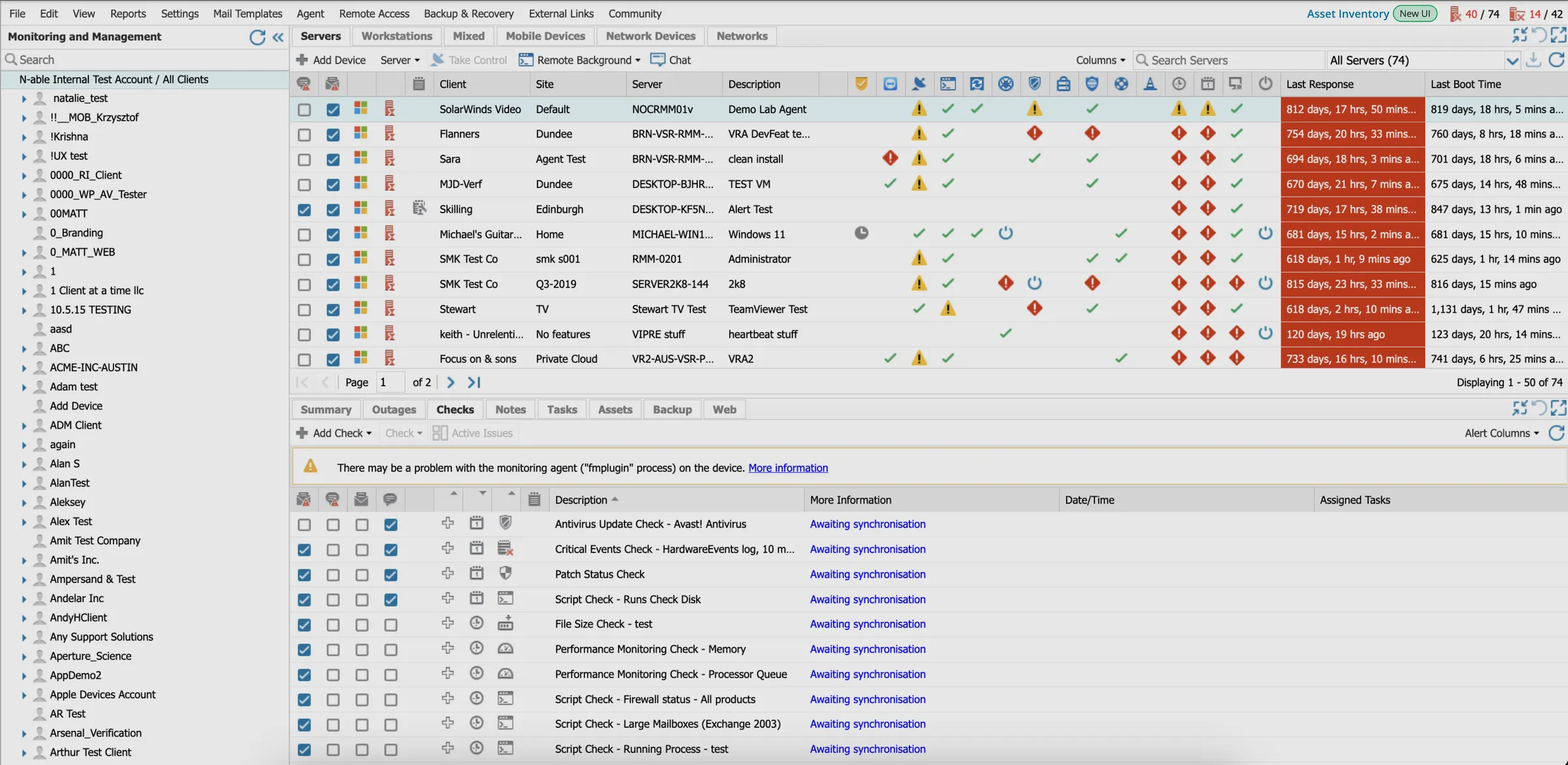 N-sight's legacy interface: a dense monitoring grid of servers, devices, checks, and statuses filling a fixed table.