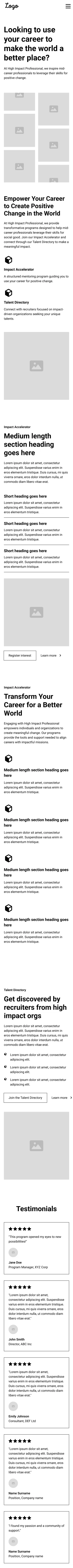Homepage wireframe, mobile layout.