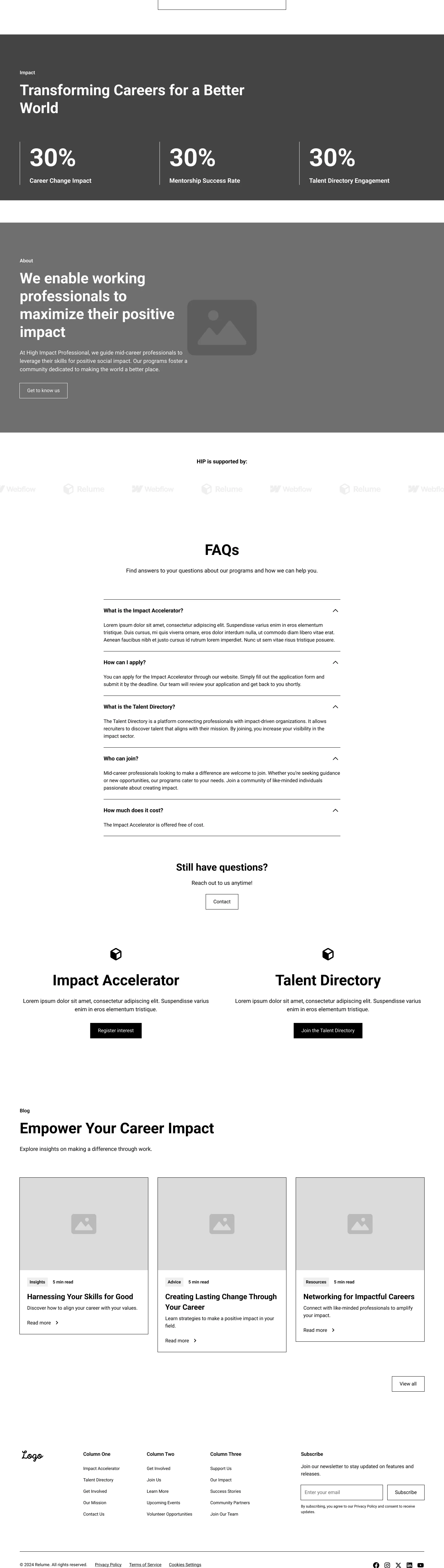 Homepage wireframe, lower half of the desktop page.