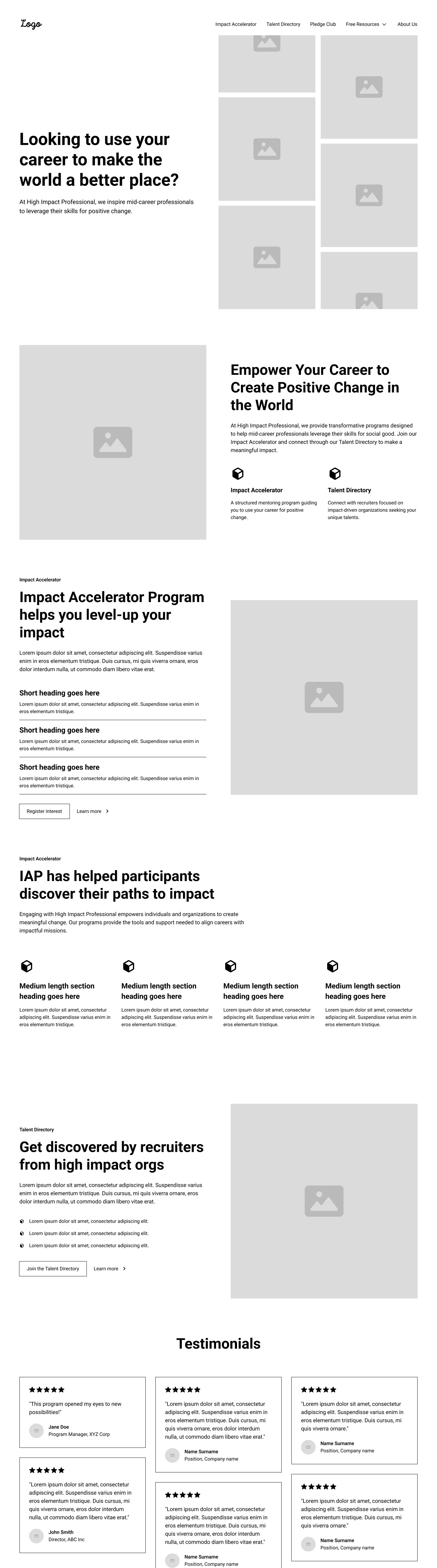 Homepage wireframe, upper half of the desktop page.